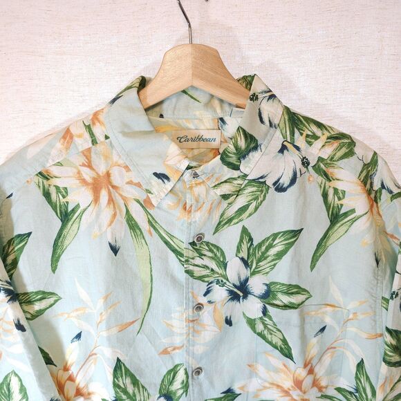 Caribbean Mens Hawaiian Floral Shirt Light Blue Hibiscus Linen Blend Tall XLT - Picture 2 of 11